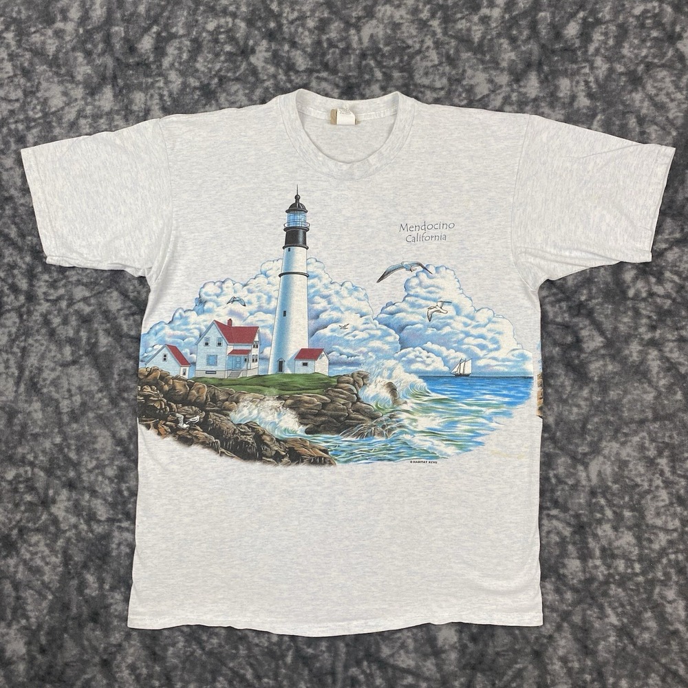 VTG Habitat TShirt Wrap Around Mens Size Large Lighthouse Beach Mendocino CA 90s